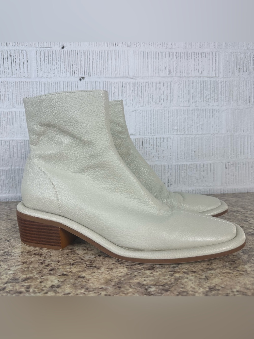 MANGO MNG White Leather Ankle Boots Retro Block Heel Square Toe  SZ 39 US 8.5